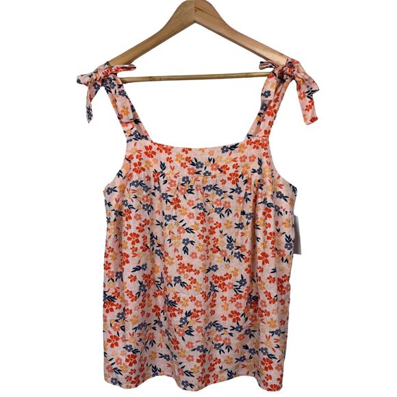 Sonoma Tank Top Women's Tie-Strap Floral Linen Blend Smocked Large Summer Resort - Picture 1 of 8